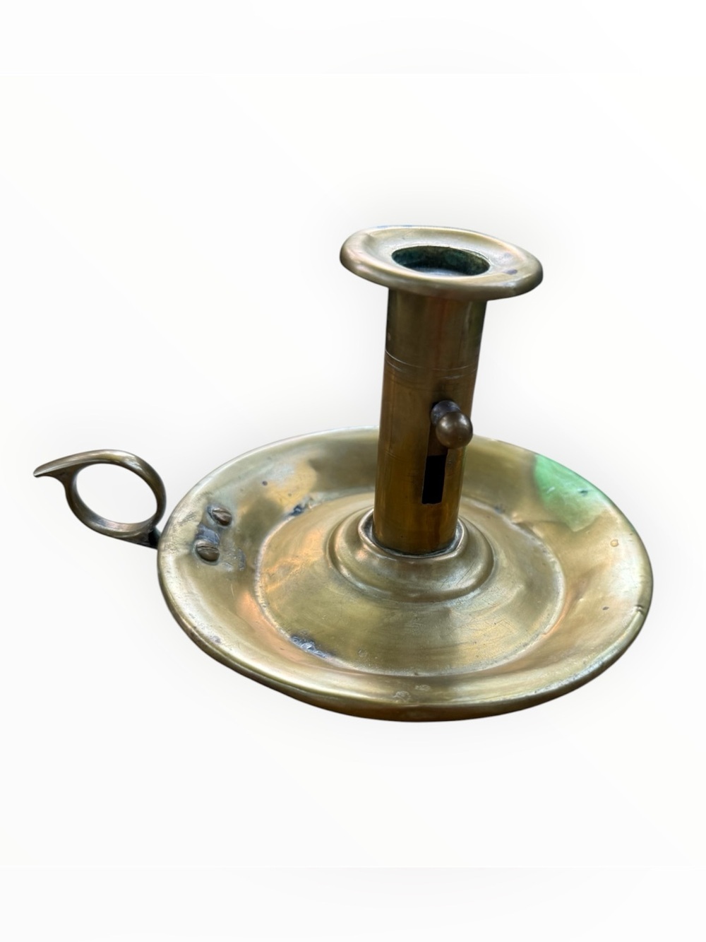 19th Cent. ANTIQUE Turned Brass Chamberstick Candlestick patina
